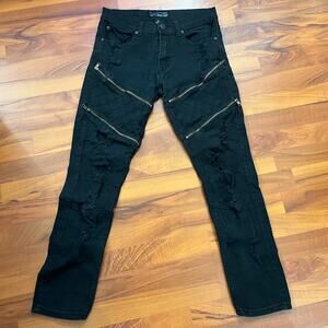 Bleecker & Mercer Moto Distressed Zippers Black Denim Jeans Men's Size 30 x 32